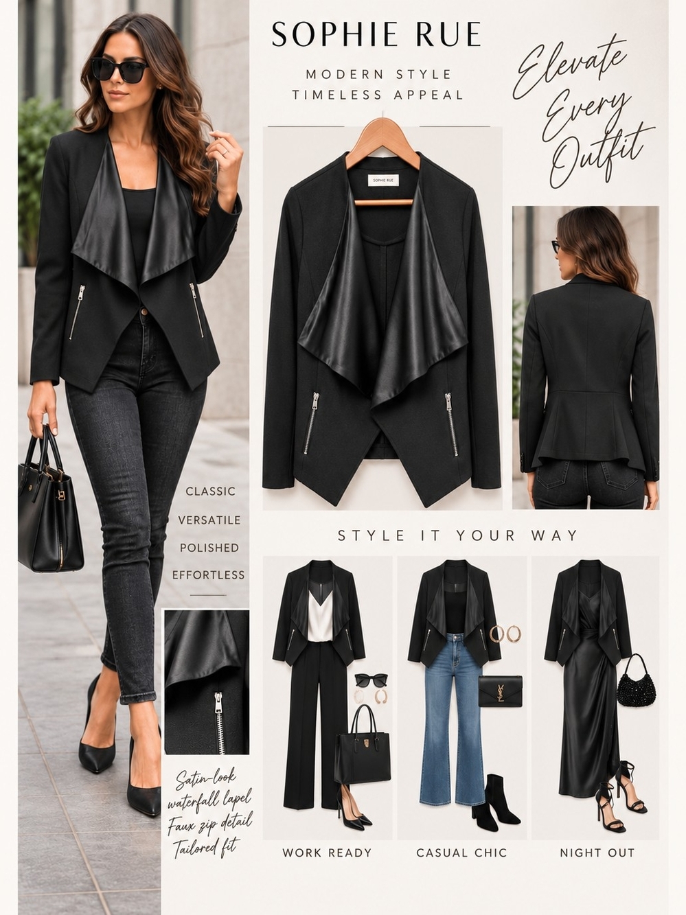 Sophie Rue Black Waterfall Jacket Satin Look Draped Front Zip Details M